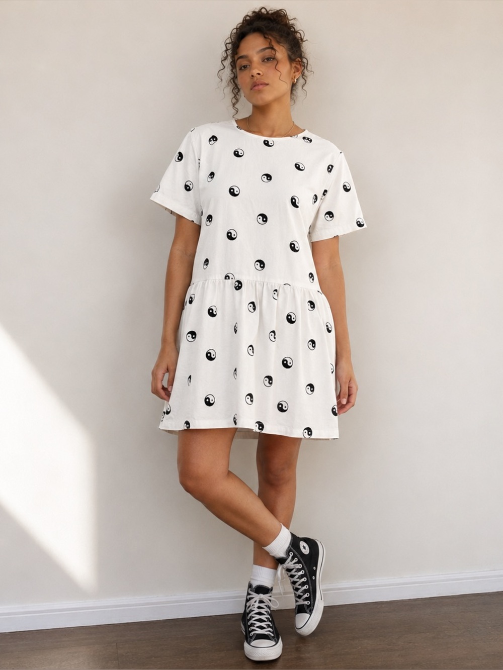 Native Youth Yin Yang Embroidered Cotton Drop Waist Mini Dress Indie Size M